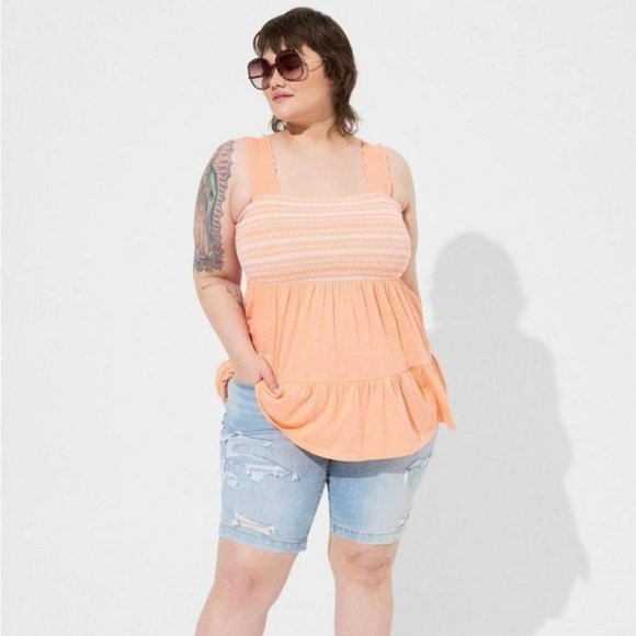 Torrid - Cotton Modal Slub Square Neck Smocked Babydoll Tank in Papaya P… - Picture 10 of 12